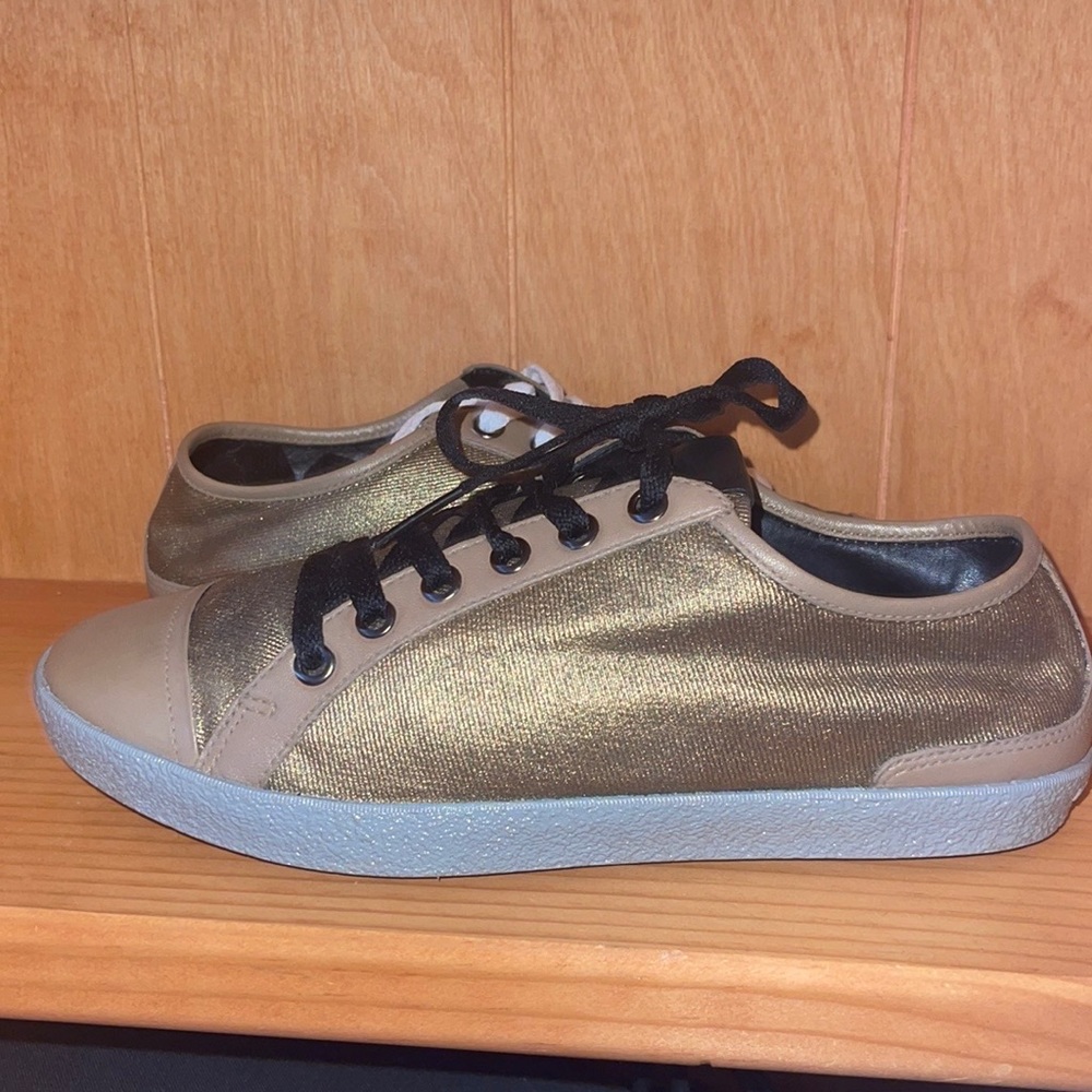 Burberry Gold Leather Trim Casual Lace Tie Sneakers - Picture 2 of 9